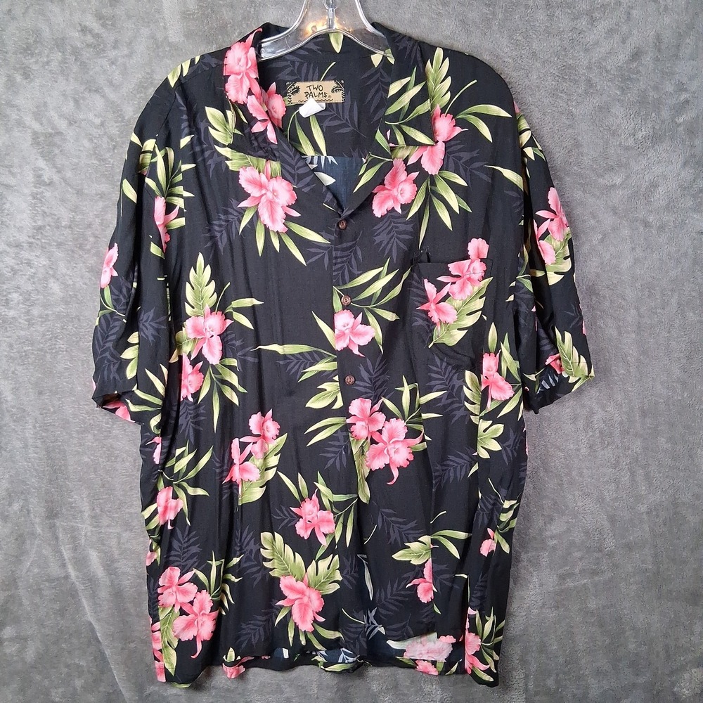 Two Palm Shirt Men 2XL Black Floral Print VTG  Made In Hawaii 100% Rayon